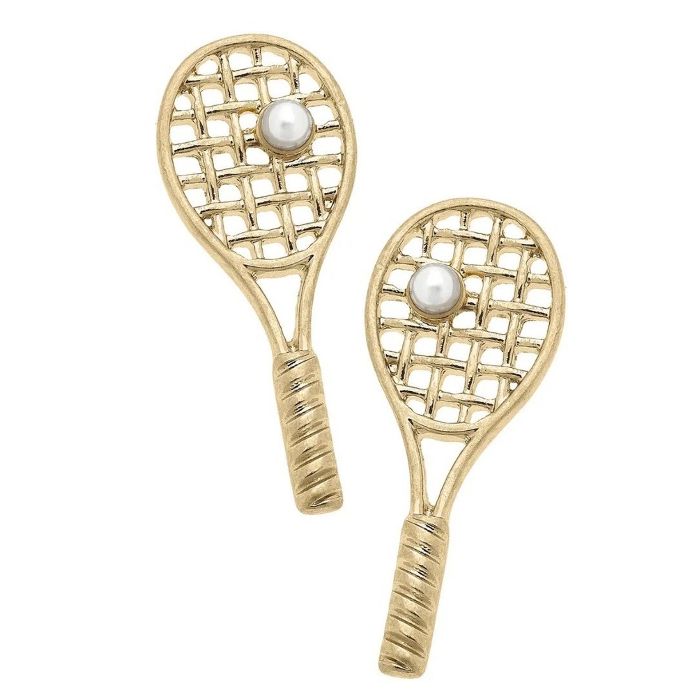 CANVAS STYLE Gold Tennis Racket Pearl Stud Earrings Women Sporty Chic NWT